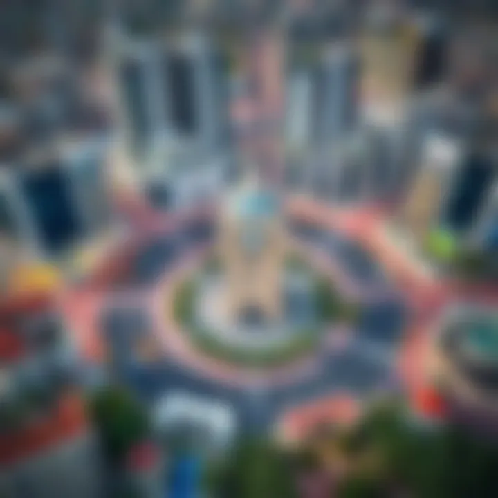 Aerial view of the Clock Tower Roundabout surrounded by modern buildings