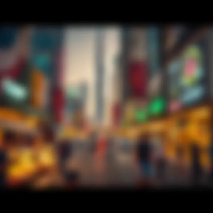 Vibrant streetscape of Dubai with bustling markets and skyscrapers.