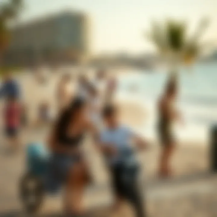 Engaging Community Life near Al Zeina Beach Vibrant community life at Al Zeina Beach with families enjoying leisure activities