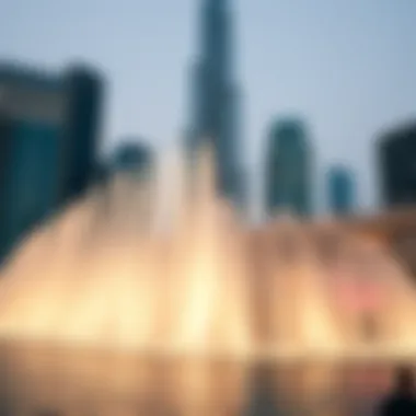 The Dubai Fountain performing in front of the Burj Khalifa