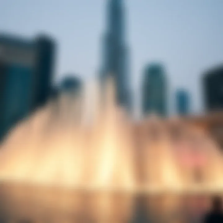 The Dubai Fountain performing in front of the Burj Khalifa