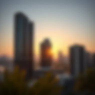 View of the residential towers in Downtown Dubai at sunset