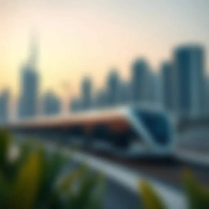 Modern train design integrated within Dubai skyline