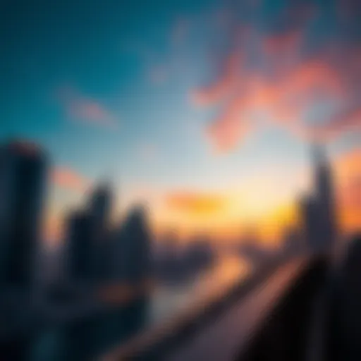 Dubai Promenade Skyline at Sunset Stunning skyline view of the Dubai Promenade at sunset