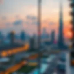 Vibrant view of Dubai skyline at sunset