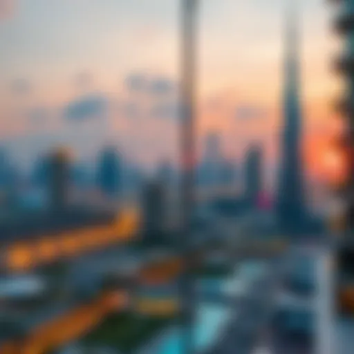 Stunning Dubai Skyline Vibrant view of Dubai skyline at sunset