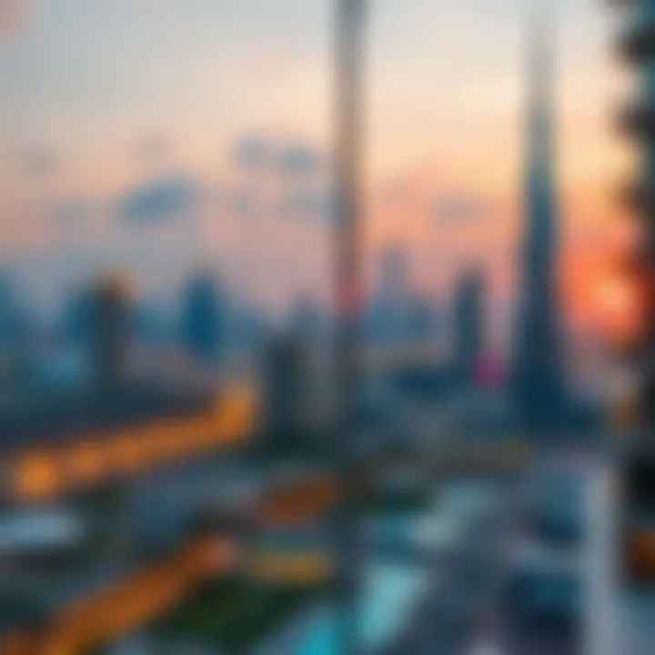 Stunning Dubai Skyline Vibrant view of Dubai skyline at sunset
