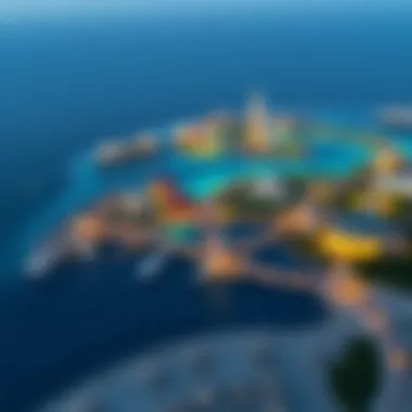 Illustration of the access routes leading to Blue Waters Island, emphasizing connectivity.