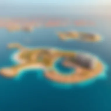Aerial view of Blue Waters Island showcasing its vibrant developments and clear blue waters.