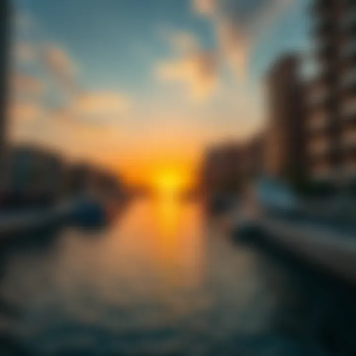 Vibrant Sunset Over the Canal Vibrant sunset over Dubai's canal, highlighting the beauty of the waterfront