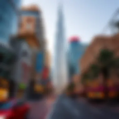 Vibrant streets of Downtown Dubai with Burj Khalifa in the background