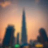 The Burj Khalifa standing tall against a sunset sky, symbolizing Dubai's architectural innovation.