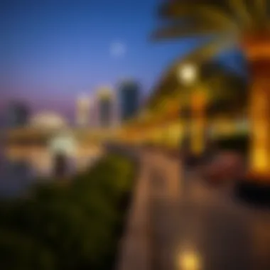 Serene atmosphere at a waterfront park in Dubai at dusk