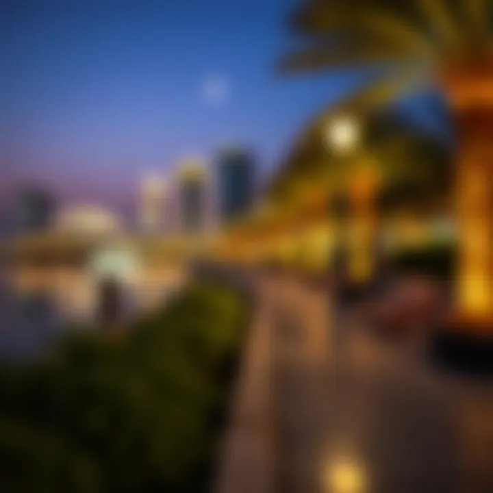 Serene atmosphere at a waterfront park in Dubai at dusk