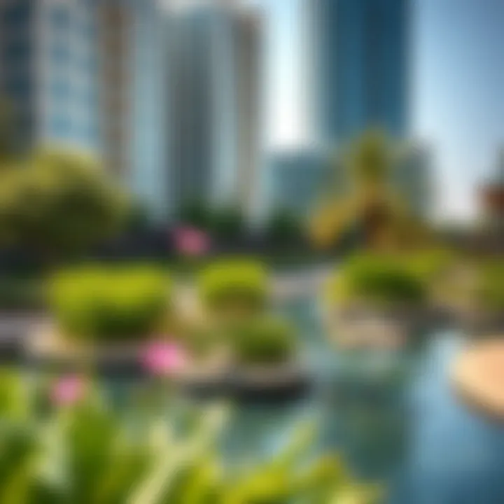 Vibrant community spaces in JLT with lush greenery and water features