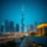 A stunning skyline view of Dubai showcasing light commercial towers.