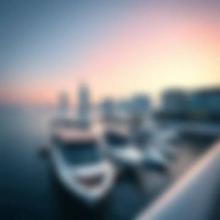 A panoramic view of the Marina Promenade Waterbus Station with boats docked