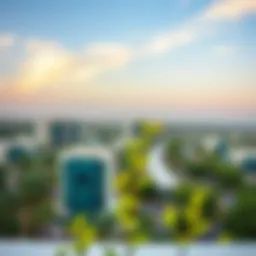 A panoramic view of Muwailih showcasing its modern architecture and lush greenery