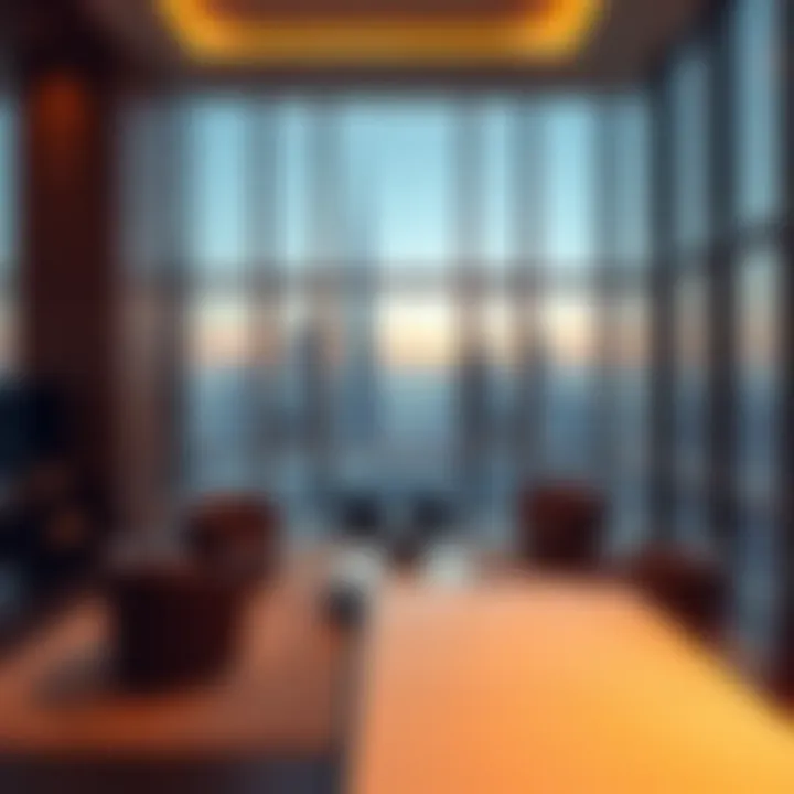 Luxurious interior of an office in Burj Khalifa with Dubai skyline