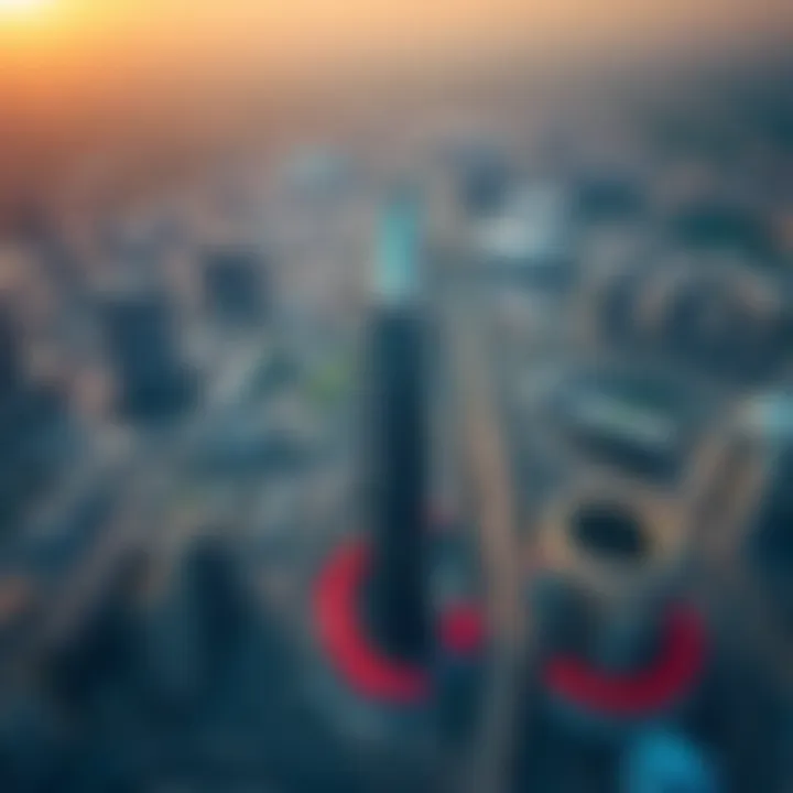 Aerial Perspective of Dubai with Pinnacle Building Aerial view of Dubai's urban landscape with the Pinnacle Building as a focal point