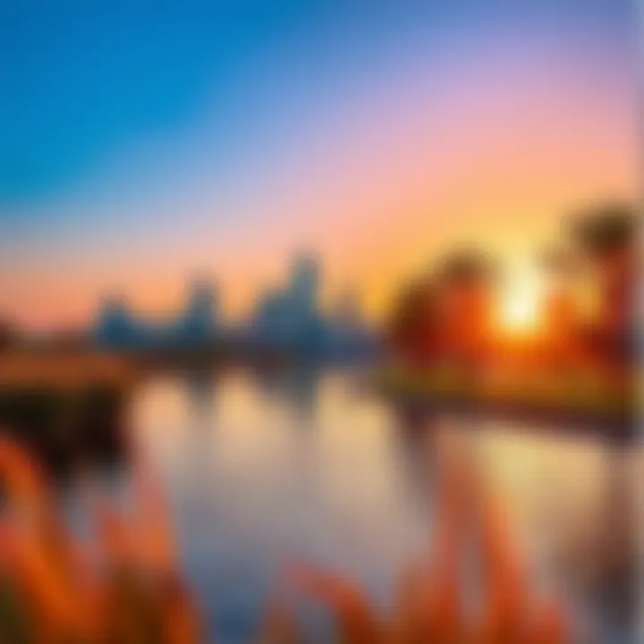 A picturesque sunset over the pond reflecting the vibrant skyline of Al Barsha