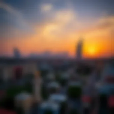 Sunset Over الرقة Dubai Skyline A picturesque sunset over the skyline of الرقة Dubai