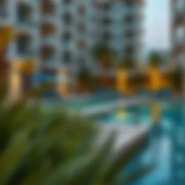 Amenities in a residential building showcasing pools and gardens