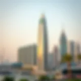 Stunning view of Tamouh Tower against the Dubai skyline