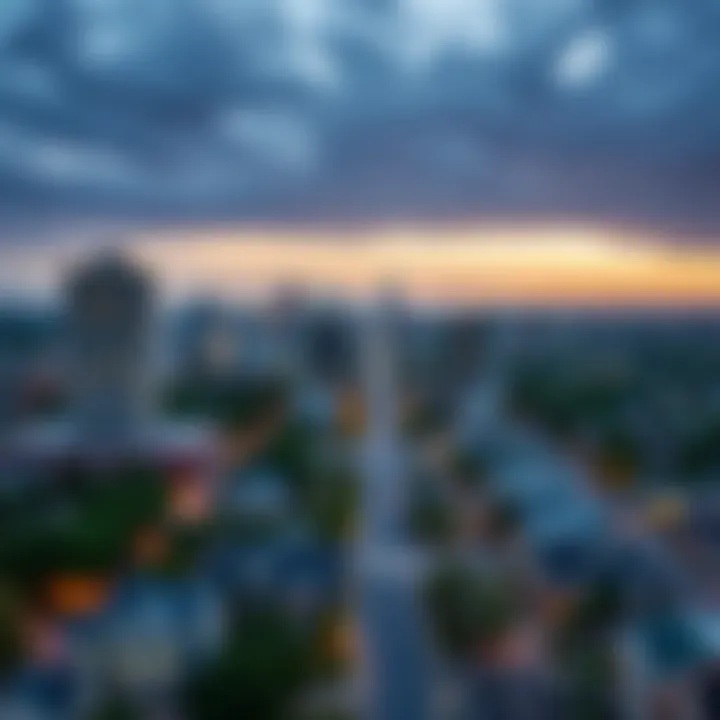 Transition from Urban Center to Suburban Landscape A bustling urban center transitioning towards suburban landscapes