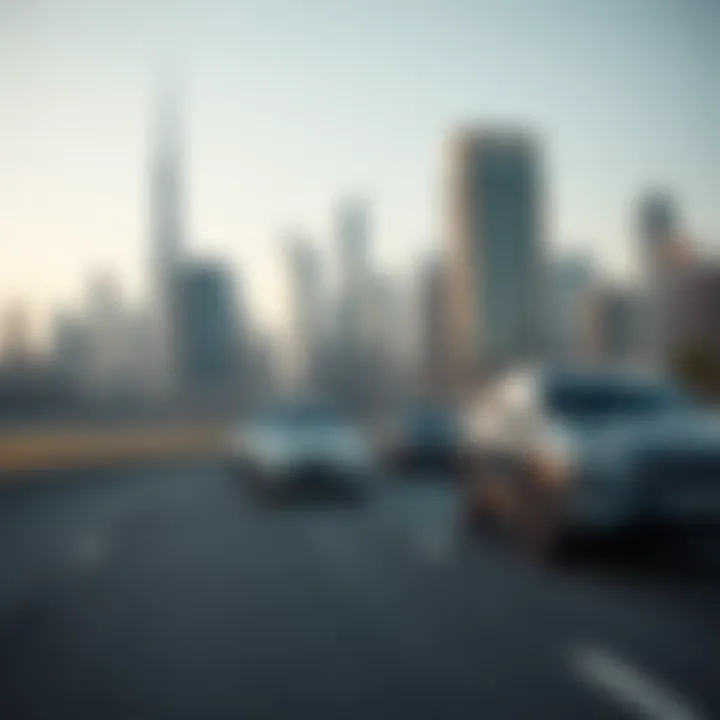 Electric Vehicles Navigating Dubai's Urban Landscape Electric cars driving through Dubai's skyline