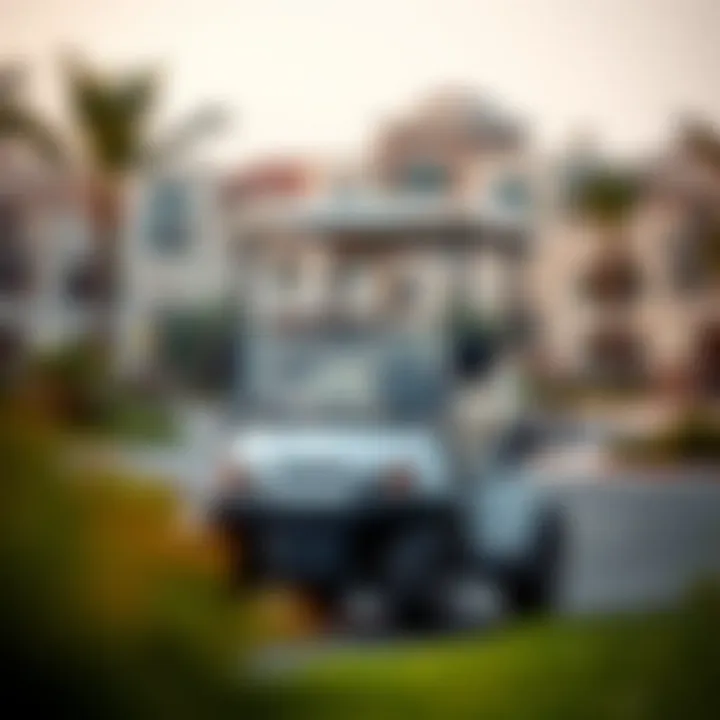 Golf Car in Dubai Community Golf car navigating through a residential community in Dubai