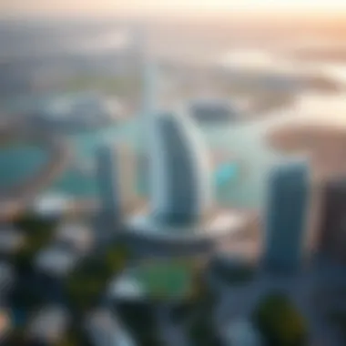 Aerial view of Dubai highlighting two season hotels in the skyline