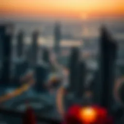 Romantic skyline view of Dubai at sunset
