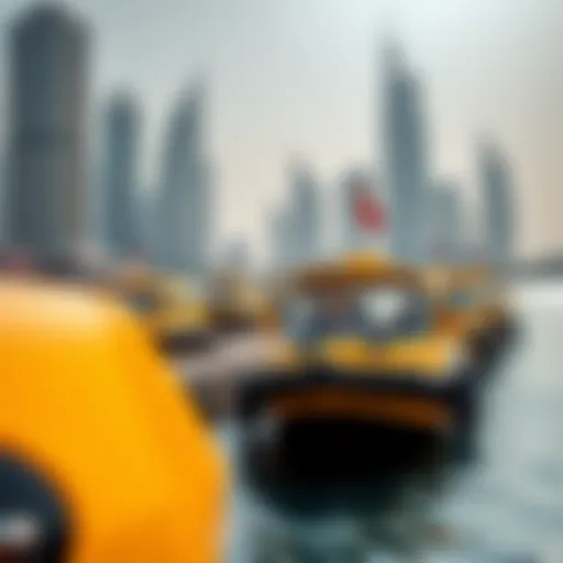 A scenic view of water taxis docked at the marina, showcasing Dubai's skyline.