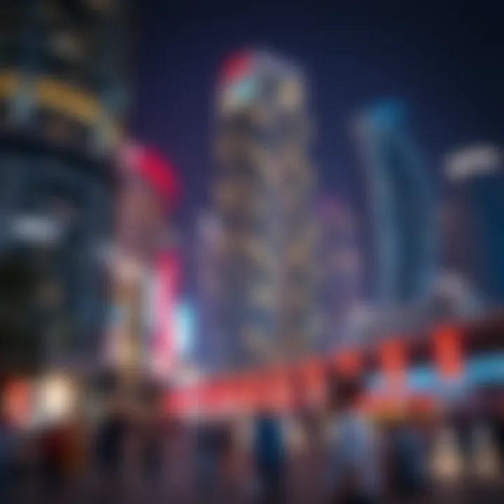 Nightlife in Downtown Dubai Vibrant nightlife scene in Downtown Dubai with illuminated skyscrapers