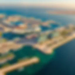 Aerial view of Yas Bay Waterfront showcasing its modern architectural features and waterfront layout.
