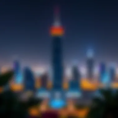 Evening view of Flamingo Z2 Tower illuminated against the Dubai skyline