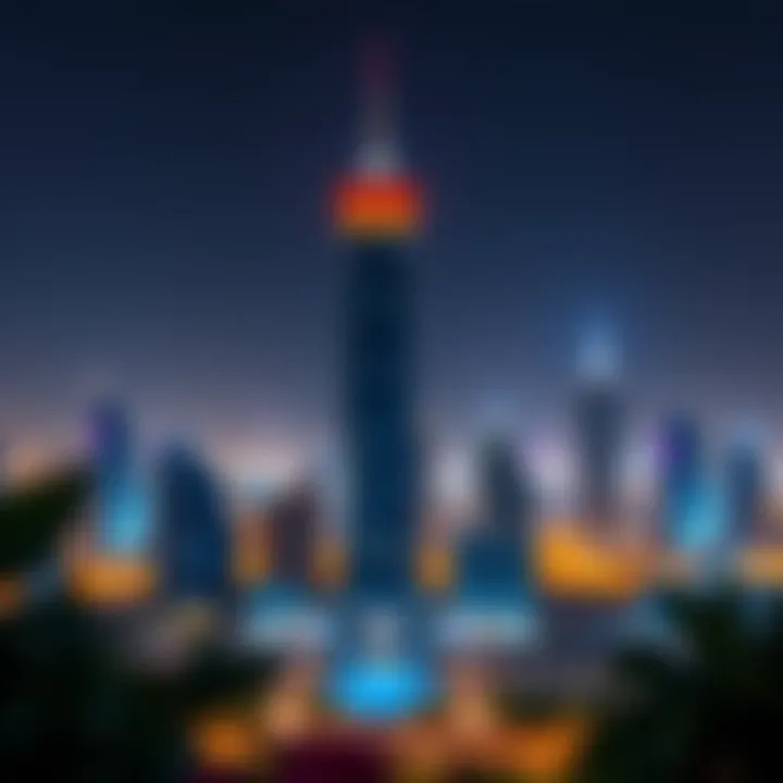 Evening view of Flamingo Z2 Tower illuminated against the Dubai skyline