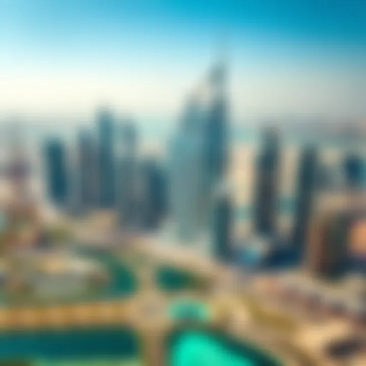 Aerial view of Dubai with the Habtoor Building prominently positioned