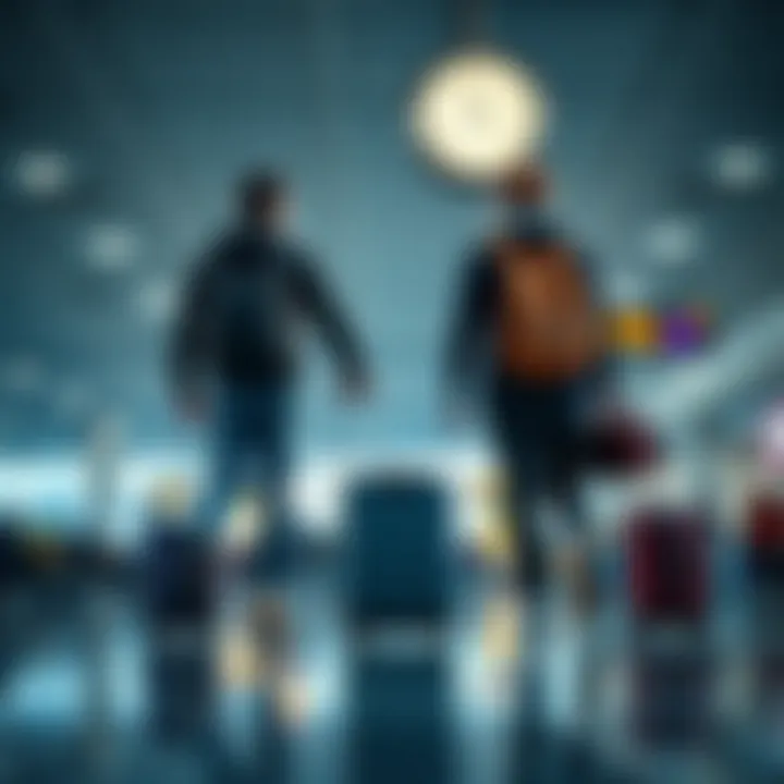 An airport scene showing travelers with luggage