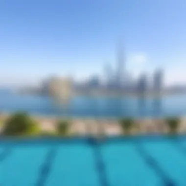 Infinity Pool with Dubai Skyline Panoramic view of Keturah Resort's infinity pool overlooking Dubai skyline