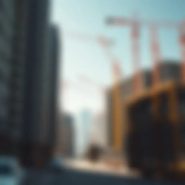 An overview of a bustling property development site with cranes and construction activity.