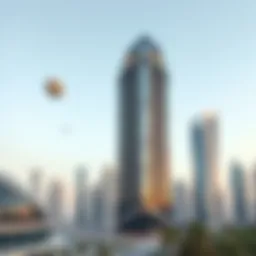 Stunning view of Churchill Tower against the Dubai skyline