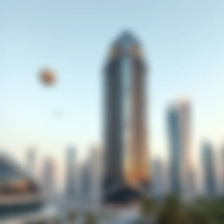 Architectural Marvel of Churchill Tower Stunning view of Churchill Tower against the Dubai skyline