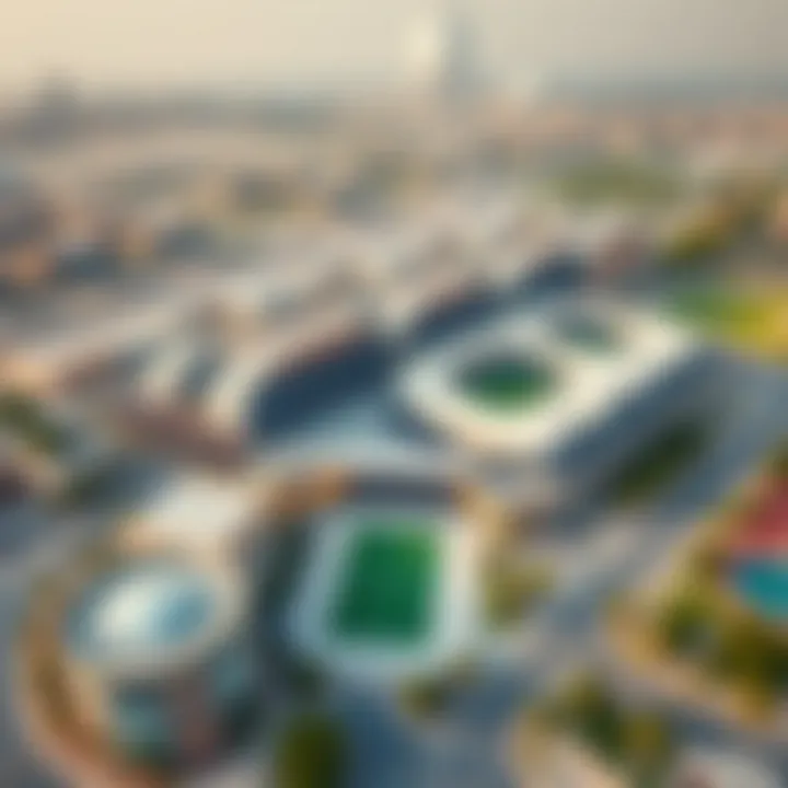 Aerial View of Dubai Sports City Aerial view of Dubai Sports City showcasing its modern architecture and sports facilities