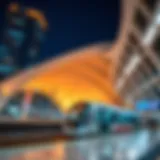 A panoramic view of a Dubai Metro station with modern architecture