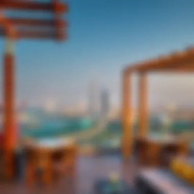 Rooftop Terrace with Dubai Skyline View View from the rooftop terrace of Palm View Hotel overlooking Dubai skyline