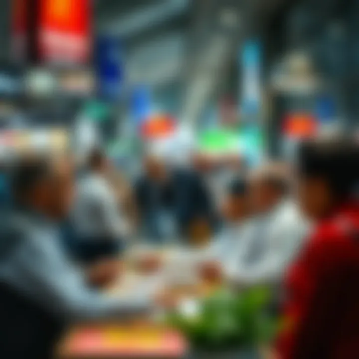 Dynamic Real Estate Market: Engaging Transactions in Dubai A bustling Dubai real estate market scene with agents and clients engaging in transactions