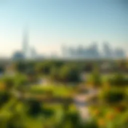 A panoramic view of a lush park in Dubai with vibrant greenery