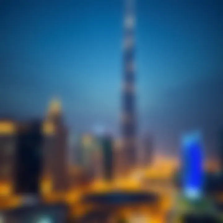 Evening skyline of Dubai featuring The Palladium Tower illuminated at night